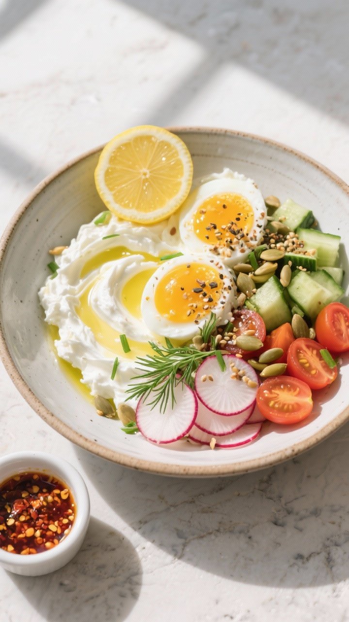 Overhead shot of a finished Savory Cottage Cheese Protein Bowl, creamy whipped cottage cheese base s