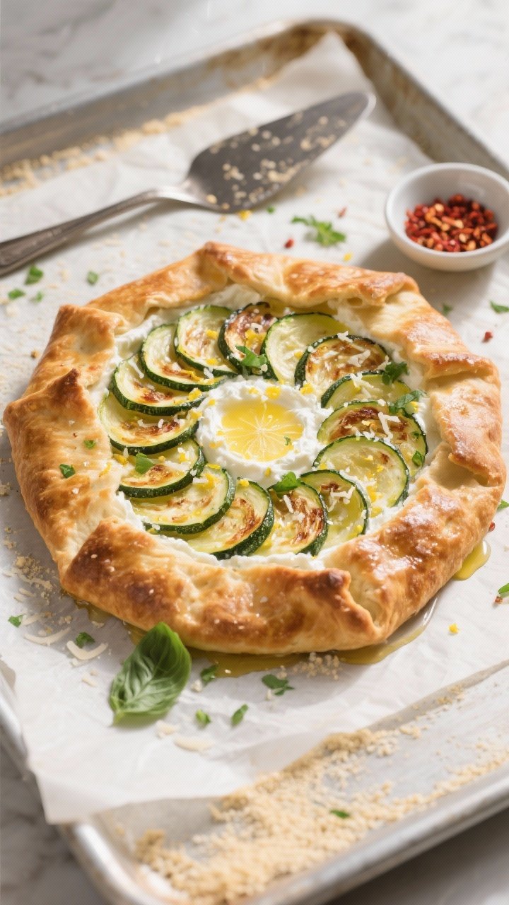 Overhead shot of a freshly baked zucchini and ricotta galette on a parchment-lined, lightly cornmeal
