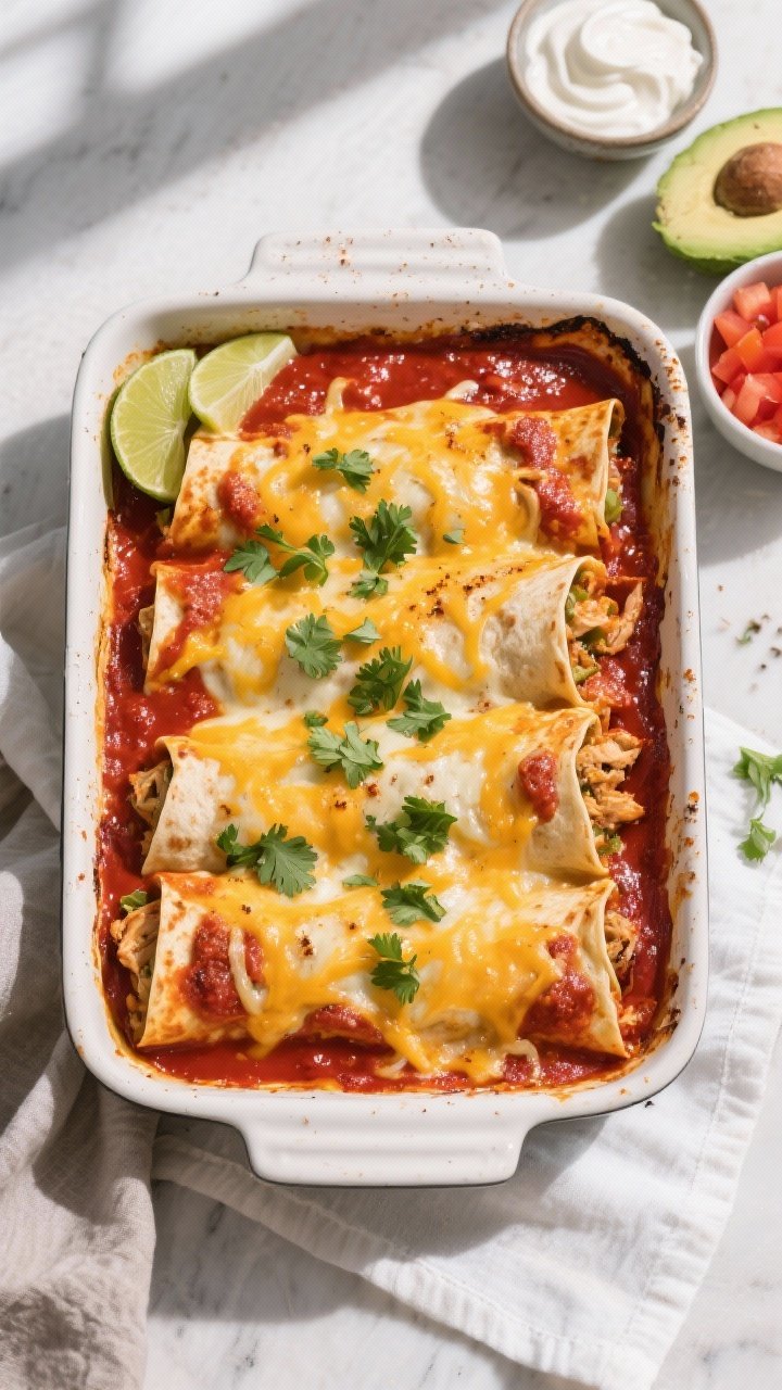 Overhead shot of a just-baked pan of Cheesy Chicken Enchiladas in a 9x13 dish, tortillas snugly line