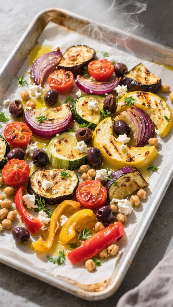 Overhead shot of a just-roasted Mediterranean veggie sheet pan: caramelized red onion wedges, bliste