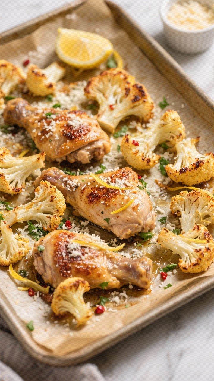 Overhead shot of a just-roasted sheet pan of Garlic Parmesan Roasted Cauliflower & Chicken at peak d