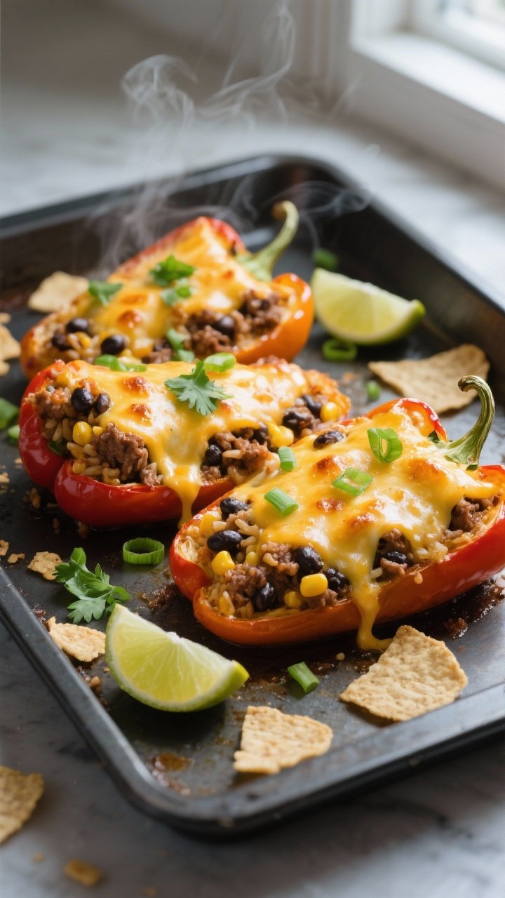 Overhead shot of baked cheesy taco stuffed peppers just out of the oven, cheese melted and bubbly wi