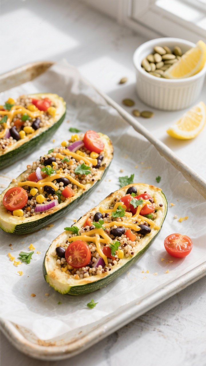 Overhead shot of freshly baked quinoa, bean & veggie stuffed zucchini boats on a parchment-lined she
