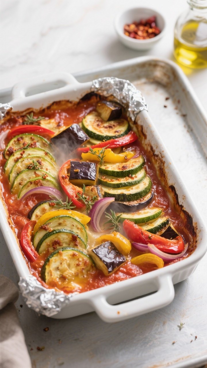 Overhead shot of the baked ratatouille just after the foil is removed for caramelization: a 9x13 whi
