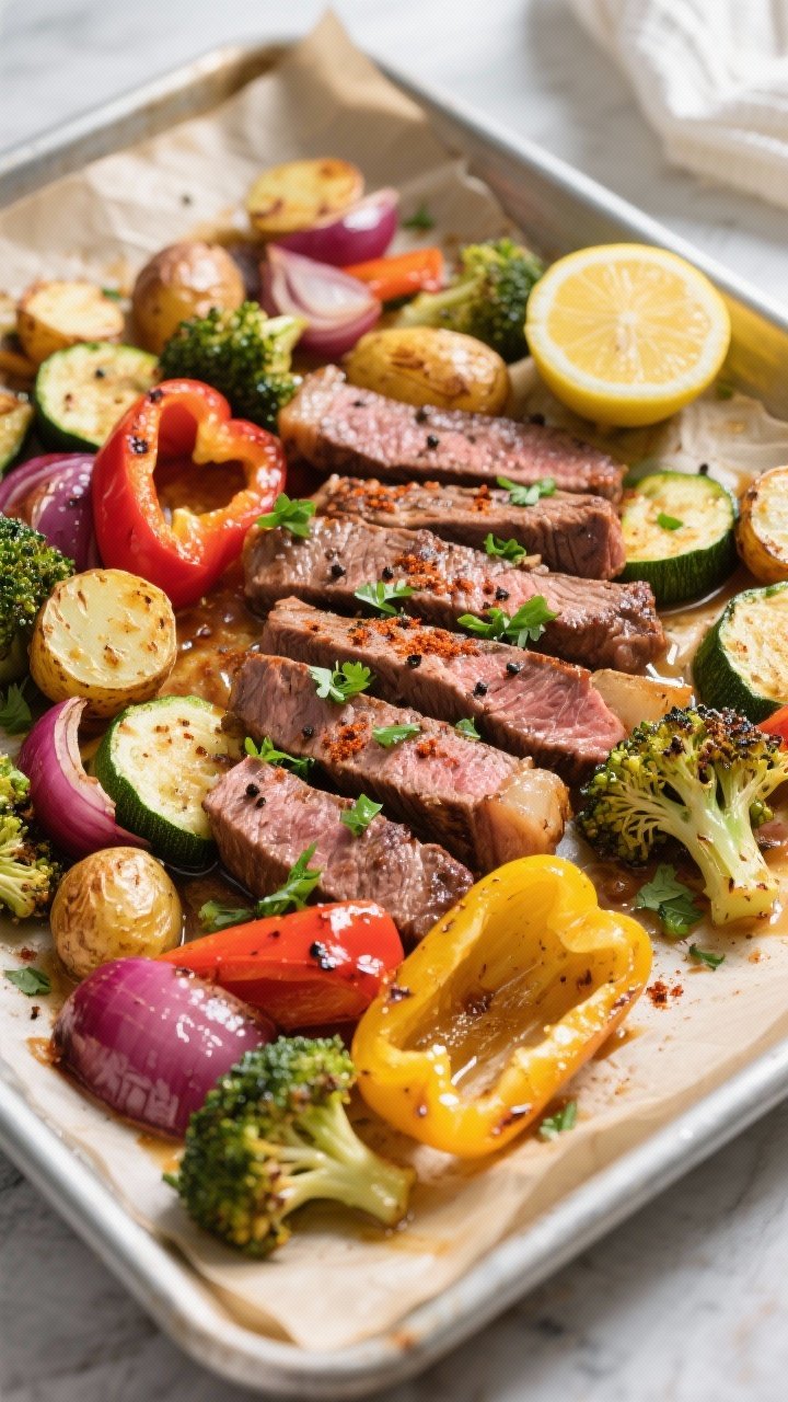 Overhead shot of the cooked Beef and Vegetable Sheet Pan Dinner just out of the oven, showing carame