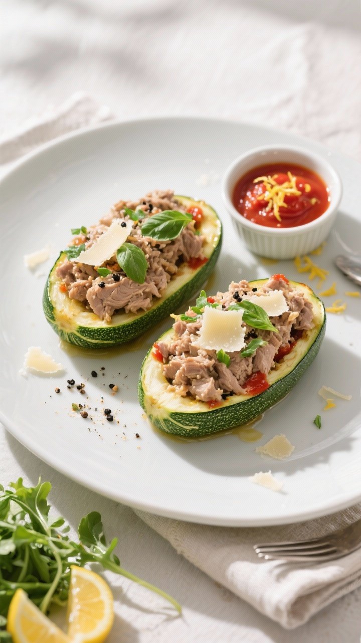 Overhead “tasty top view” of a final plated dish: two stuffed zucchini boats arranged on a matte