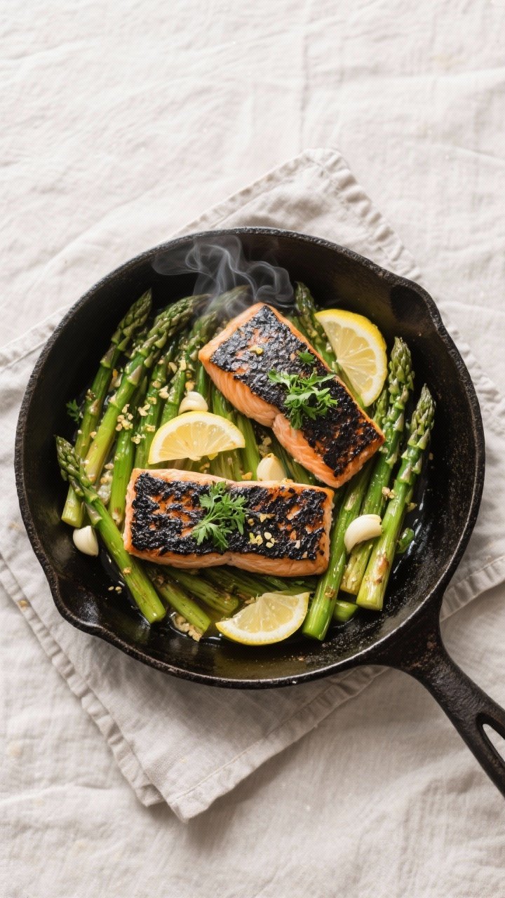 Overhead tasty top view: One-pan scene of cooked components at the finish line—cast-iron skillet f