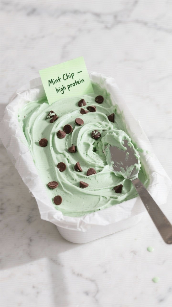 Overhead tasty top view: Shallow, parchment-lined freezer container filled with no-churn mint chocol