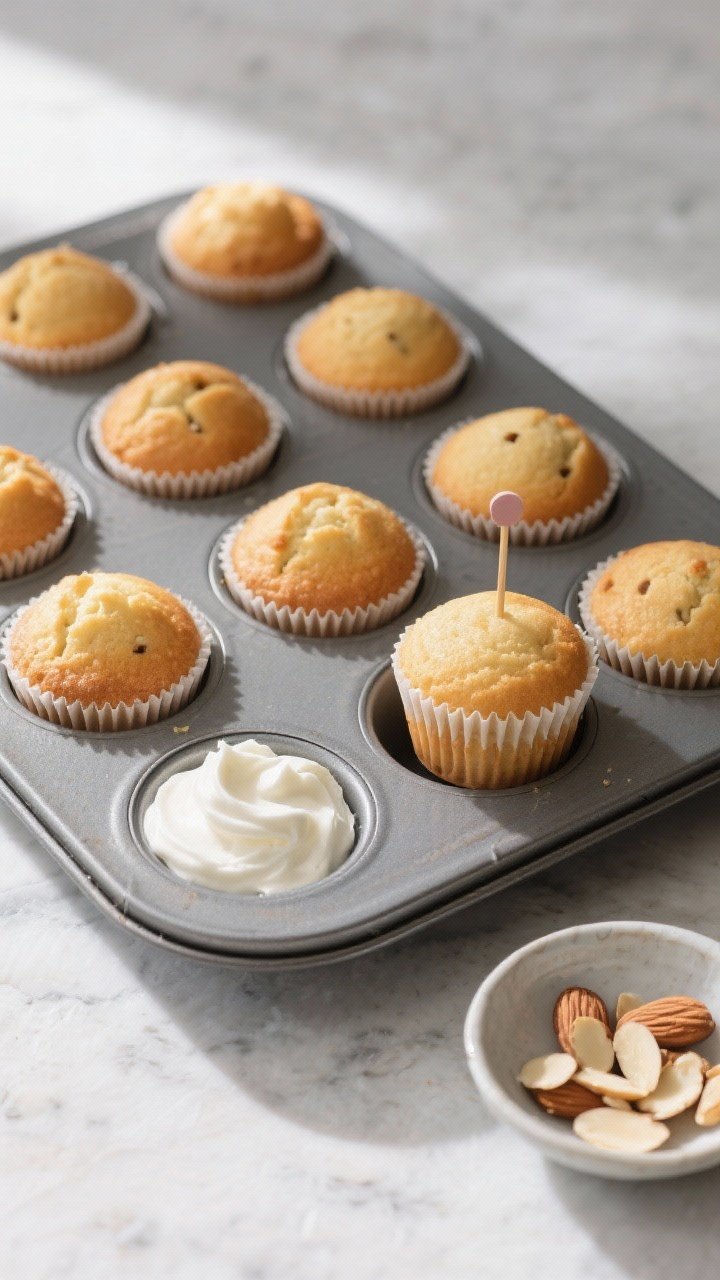 Overhead “tasty top view” shot: A 12-cup muffin tin filled with fully baked cupcakes still in pa