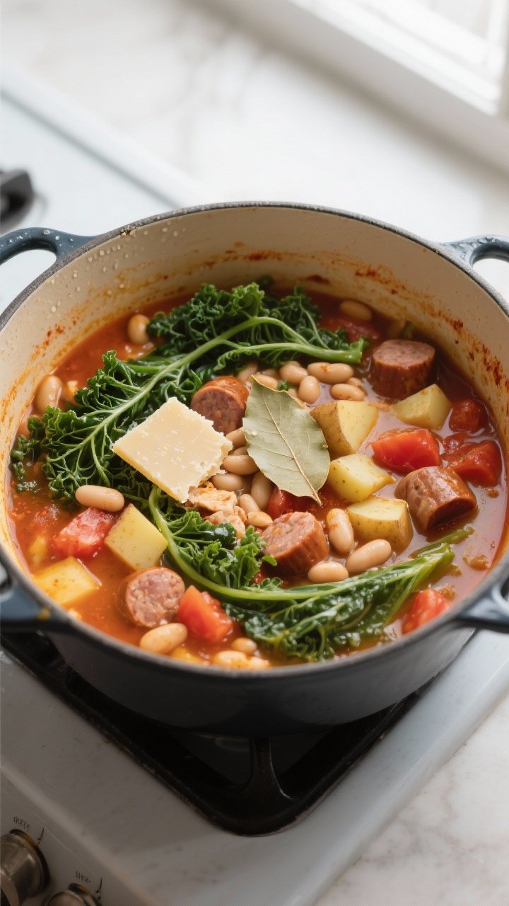 Overhead “tasty top view” shot: One-pot chicken sausage and kale soup at a lively simmer, showca
