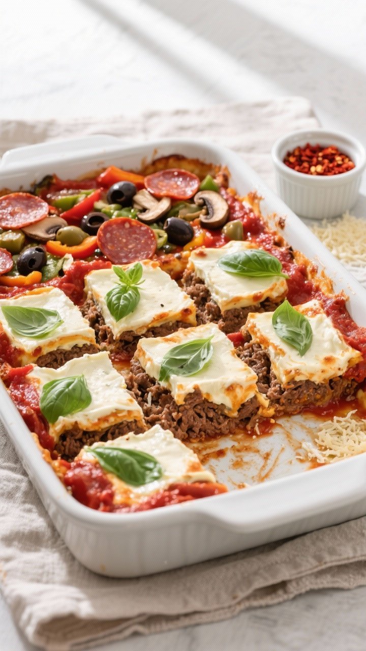 Overhead tasty top view: Sliced squares of Keto Beef Pizza Casserole arranged in the baking dish wit
