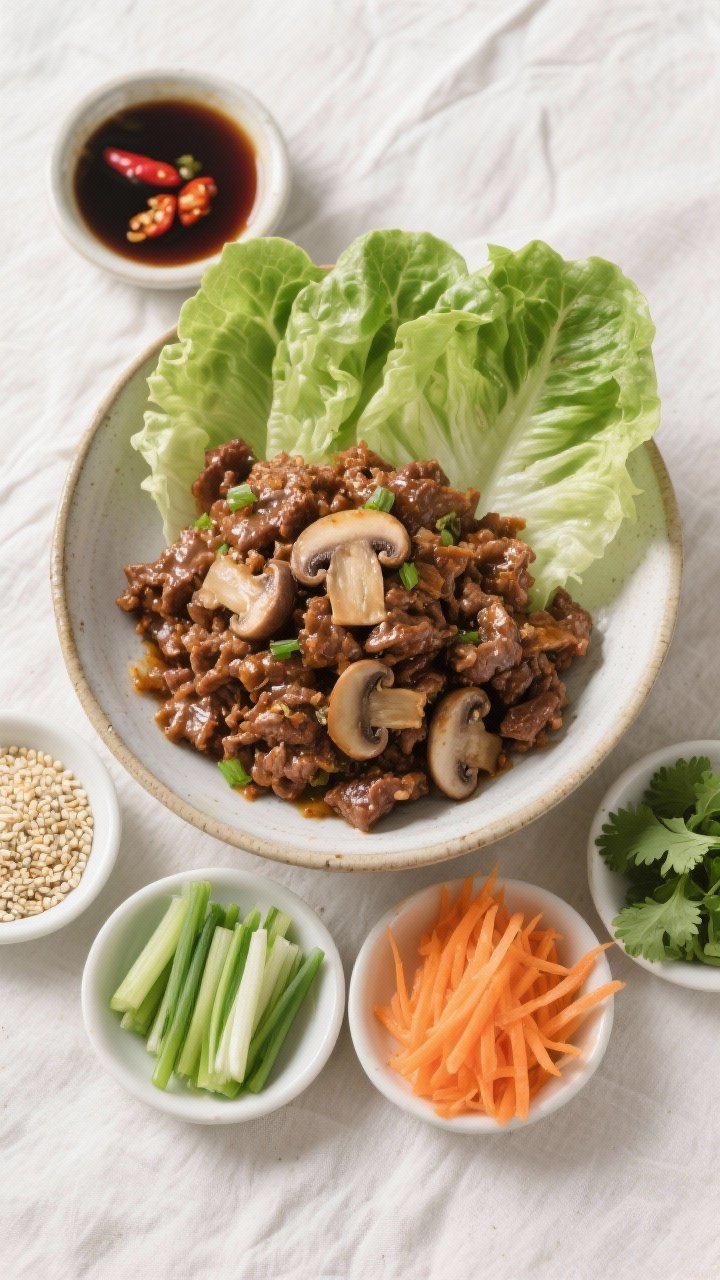 Overhead top view: Tasty top-down shot of a build-your-own spread—pile of glossy beef-mushroom fil