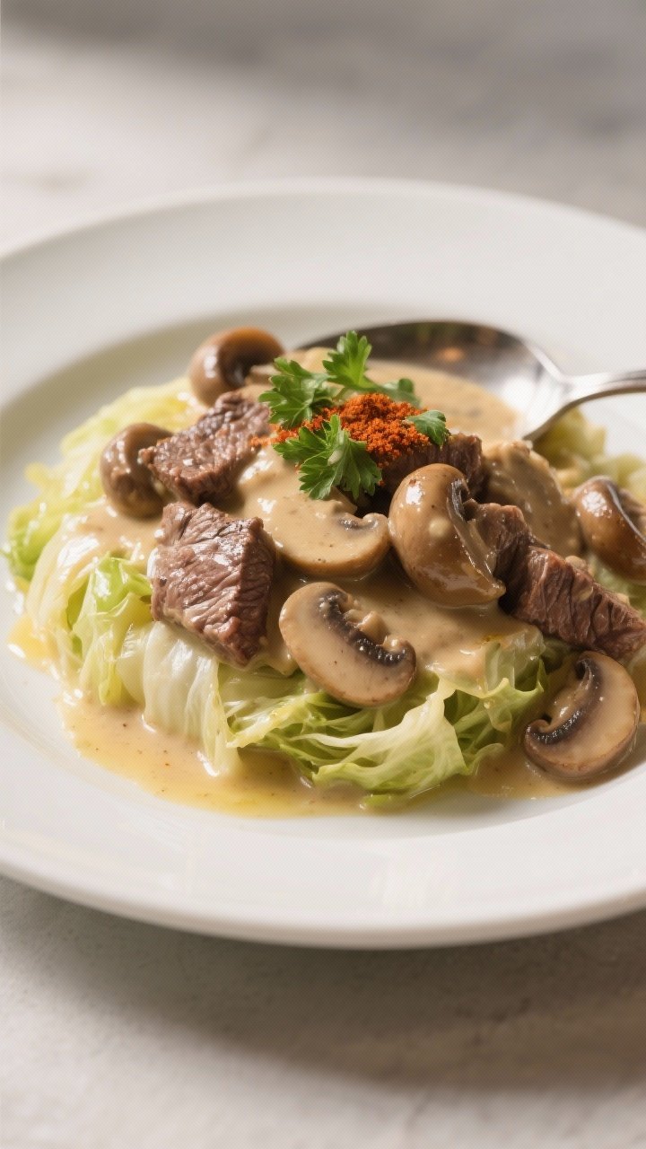 Restaurant-style final plated presentation: keto beef stroganoff over buttery sautéed cabbage on a 