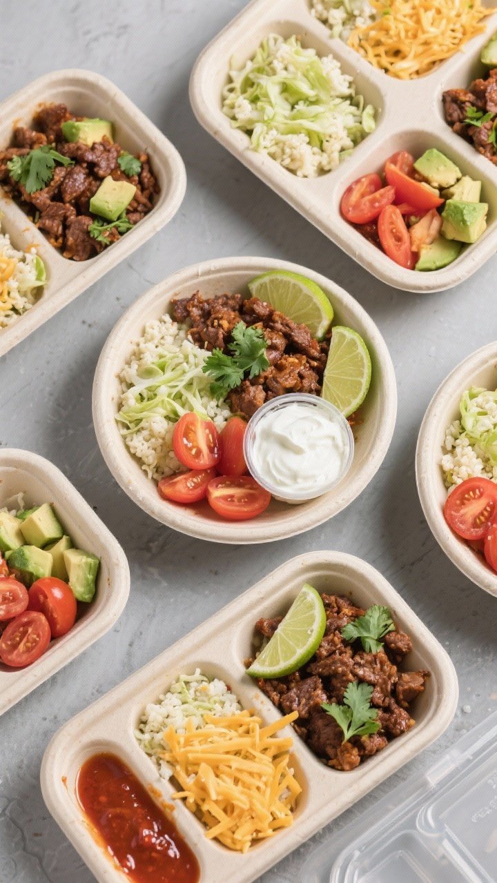 Tasty top-down meal-prep view: Overhead shot of multiple assembled low-carb beef taco bowls and a co