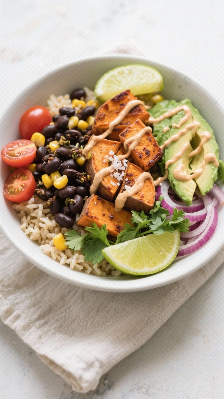 Tasty top-view bowl: Overhead shot of assembled Sweet Potato and Black Bean Burrito Bowl in a wide,