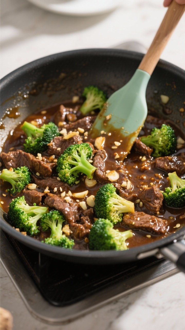 Tasty top view cooking process: Overhead shot of the finishing toss—beef returned to the pan with