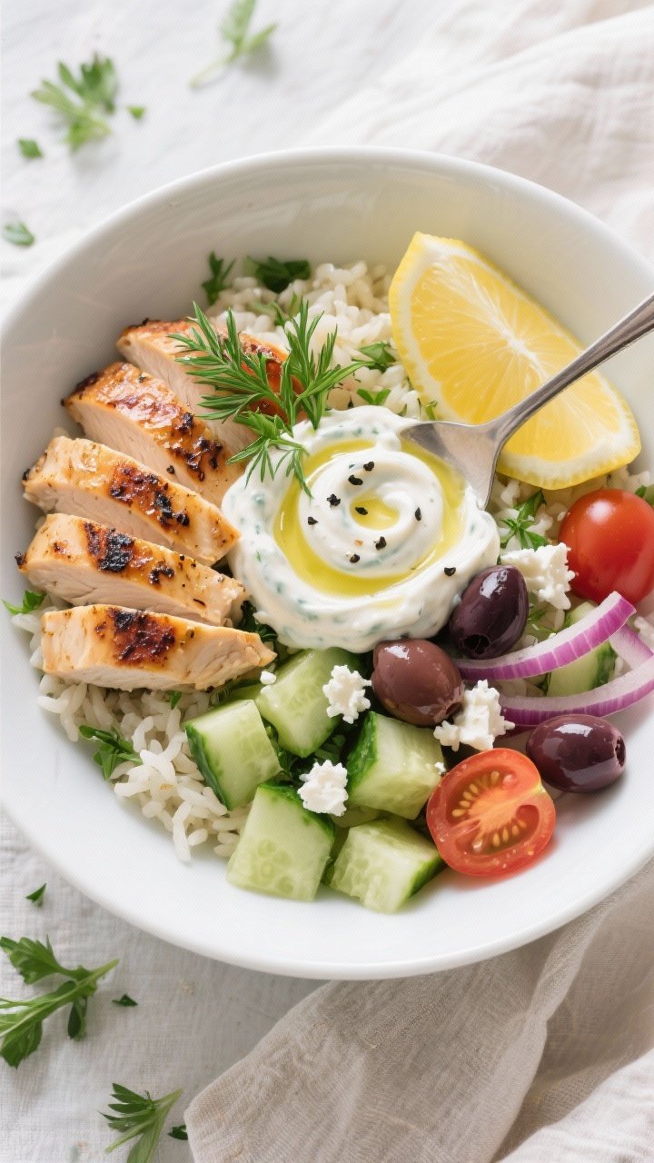 Tasty top view final bowl: Overhead shot of a Greek Chicken Bowl assembled for serving—herby lemon