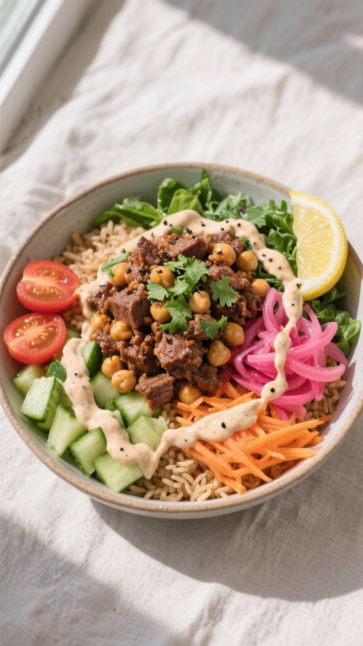 Tasty top view, final build: Overhead shot of a Beef & Chickpea Power Bowl arranged on a wide, low c