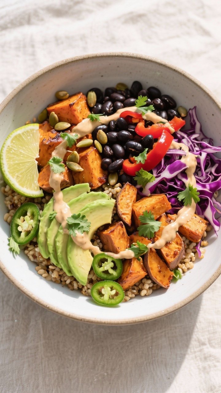 Tasty top view final dish: Overhead shot of a Sweet Potato and Black Bean Power Bowl assembled on wa