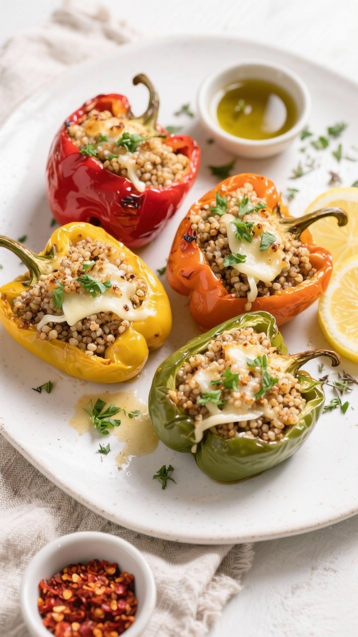 Tasty top view final dish: Overhead shot of four roasted quinoa-stuffed peppers (mixed colors: red, 
