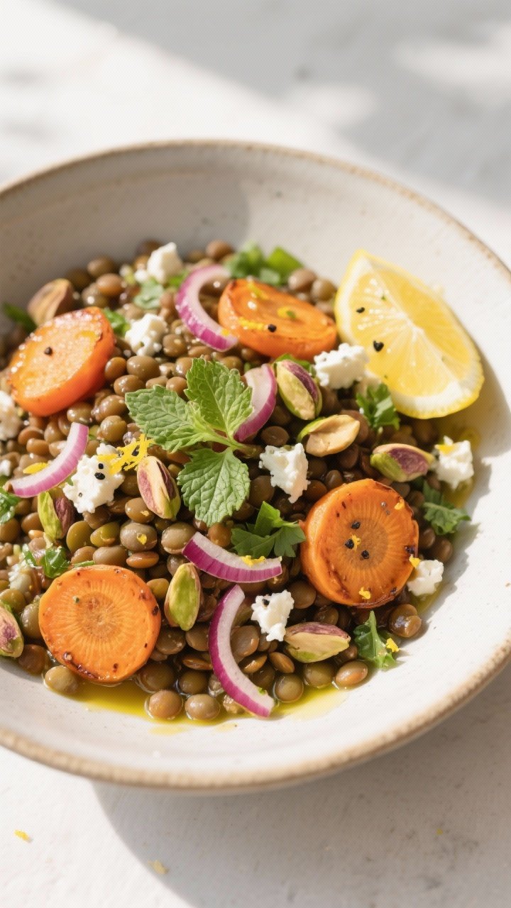 Tasty top view, final dish: Overhead shot of Roasted Carrot and Lentil Salad in a wide, shallow cera