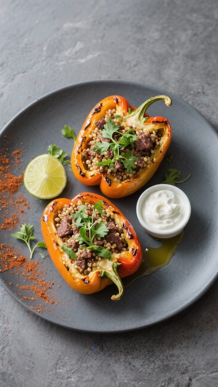 Tasty top view: Final plated Lean Beef and Quinoa Stuffed Peppers, overhead shot on a slate-gray bac