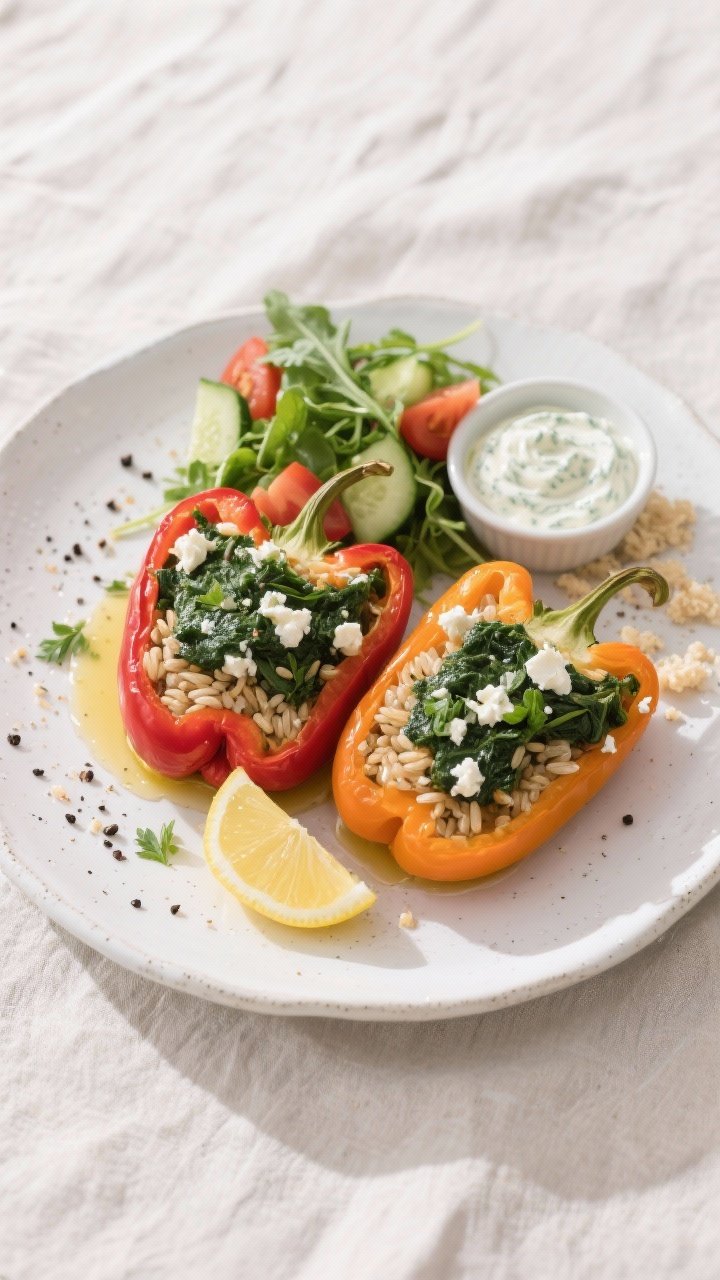 Tasty top view (final plated): Overhead shot of two spinach and feta stuffed peppers plated on a wid