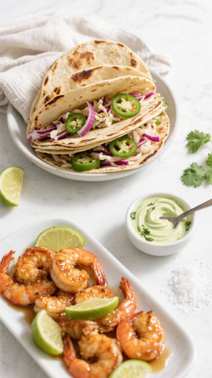 Tasty top view, overhead assembly: Overhead shot of a taco-building spread featuring a stack of warm