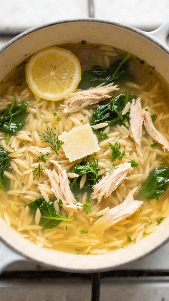 Tasty top view, overhead: Lemon Chicken Orzo Soup at a lively simmer with orzo just shy of al dente 