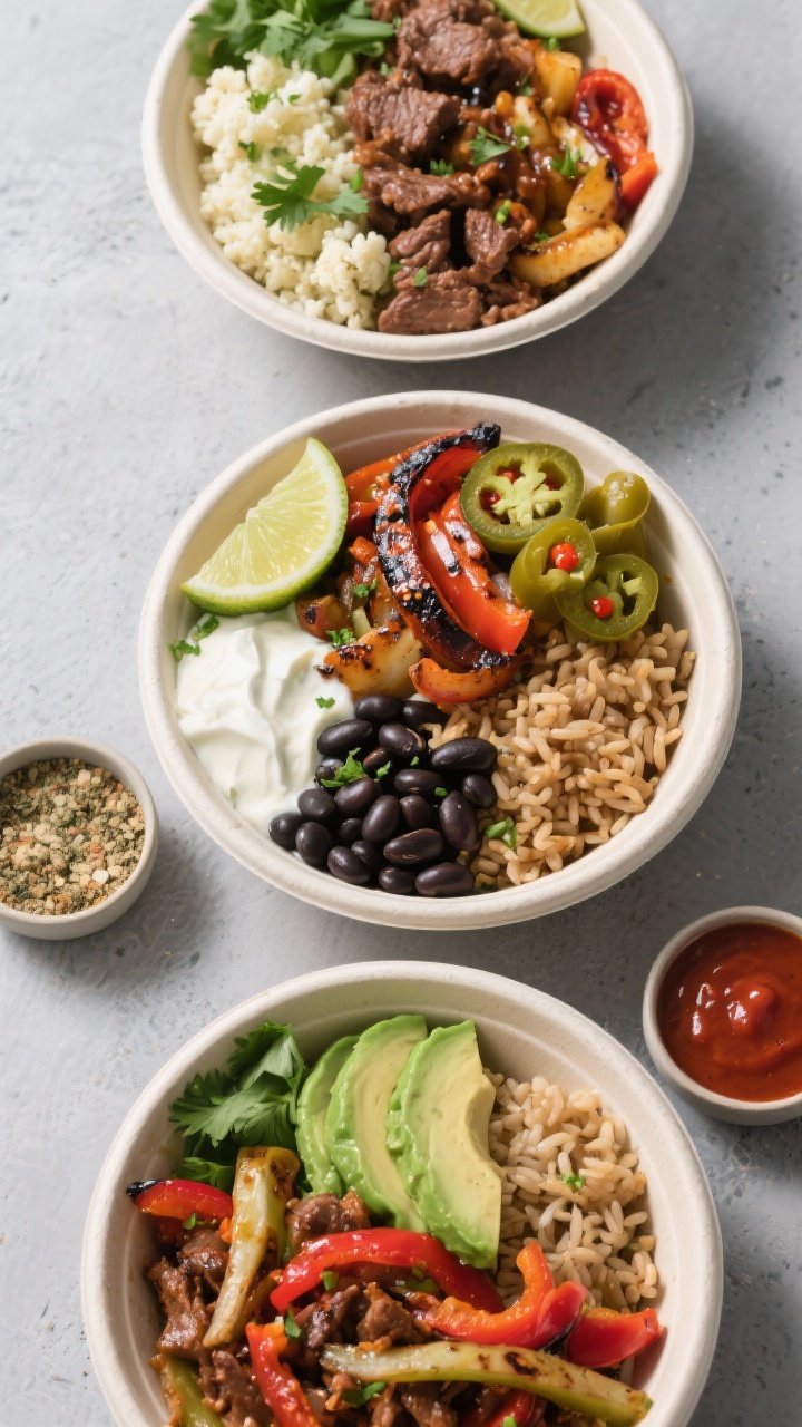 Tasty top view, overhead meal-prep variety: Overhead shot of three assembled variations of fajita bo