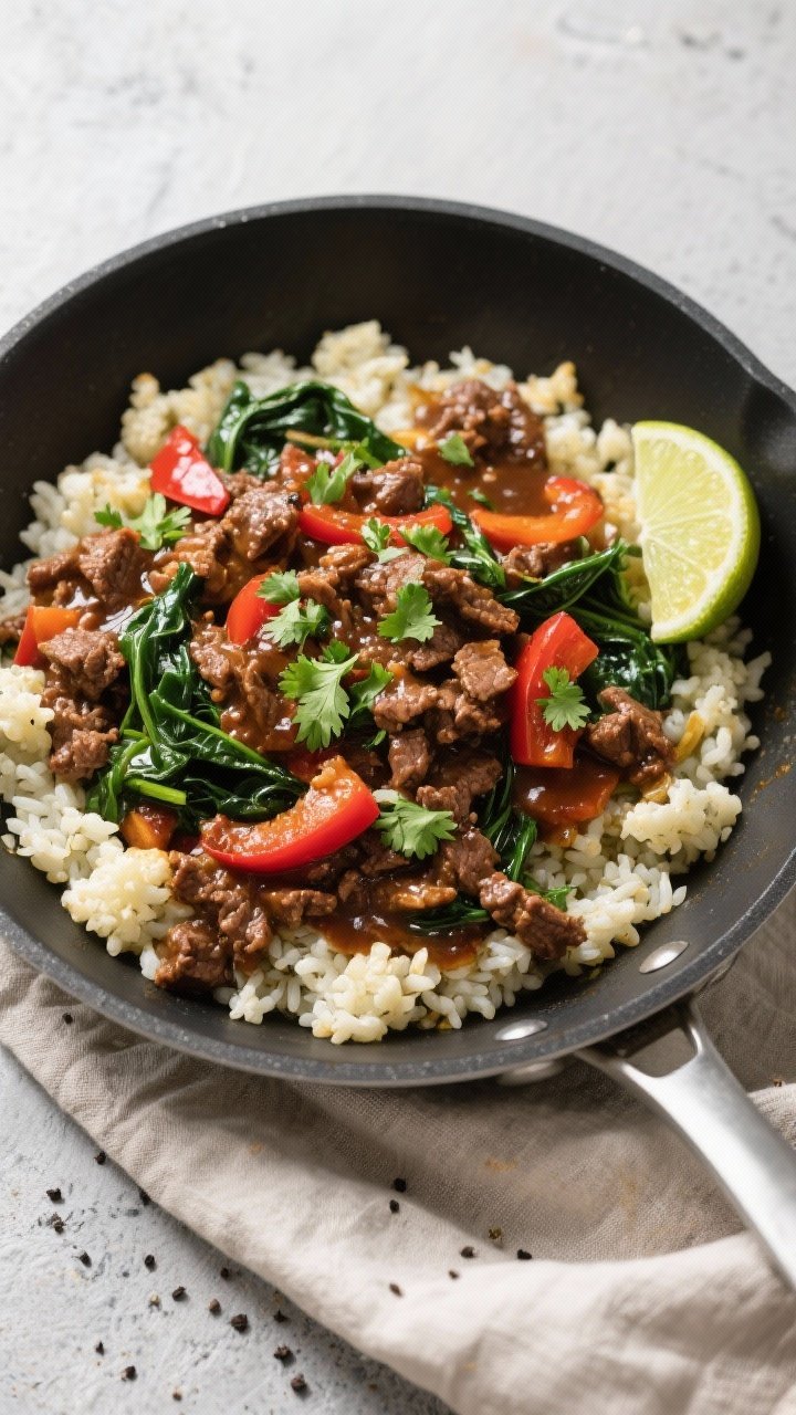 Tasty top view, overhead: Overhead shot of the finished high-protein beef and cauliflower rice skill