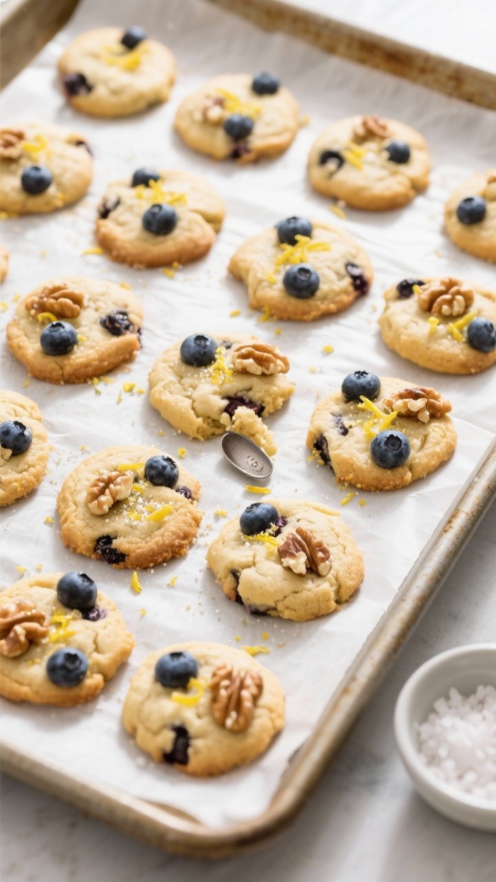 Tasty top view: Overhead shot of a batch of baked cookies just out of the oven on parchment, evenly 
