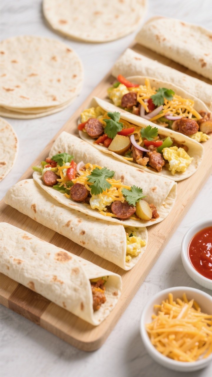 Tasty top view: Overhead shot of a burrito assembly line on a clean wooden board—warm flour tortil