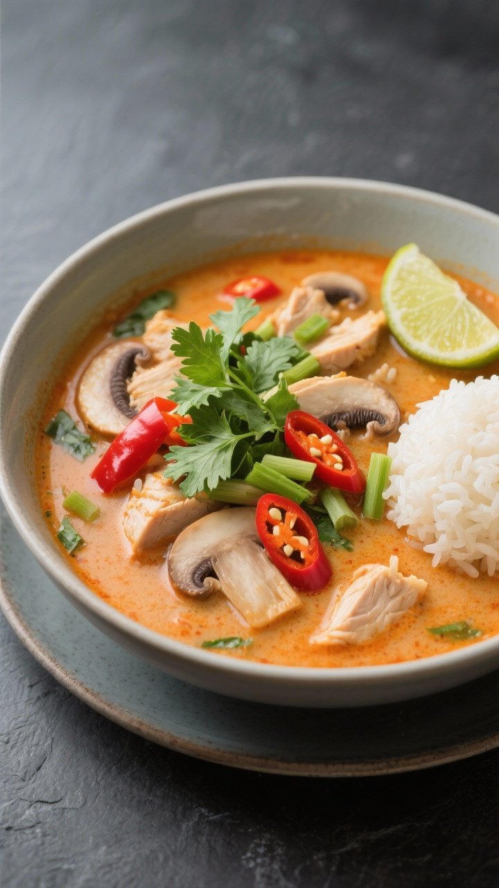 Tasty top view: Overhead shot of a finished bowl of Spicy Thai Coconut Chicken Soup, vibrant creamy-