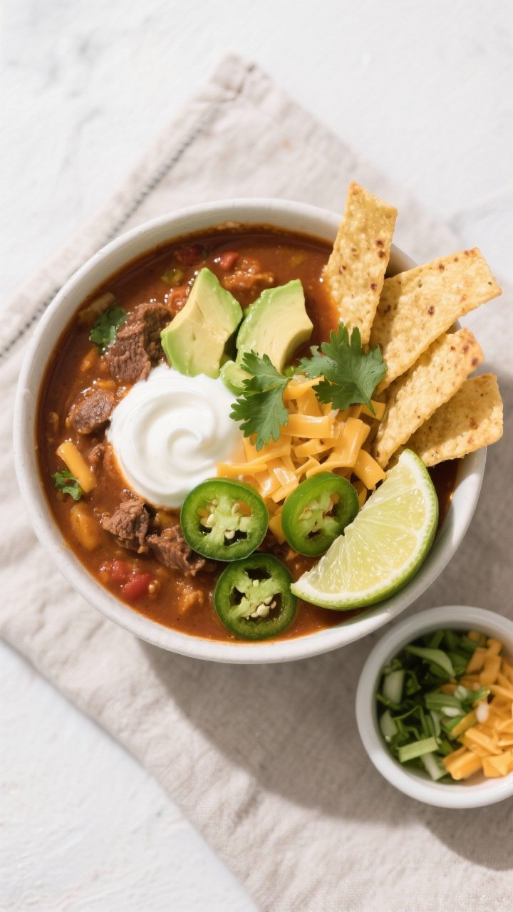 Tasty top view: Overhead shot of a generously filled bowl of Healthy Beef Taco Soup, topped with a s