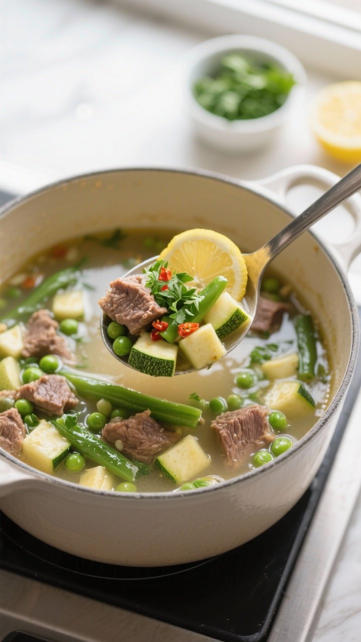 Tasty top view: Overhead shot of a ladle hovering over the pot, scooping a vibrant portion of the fi