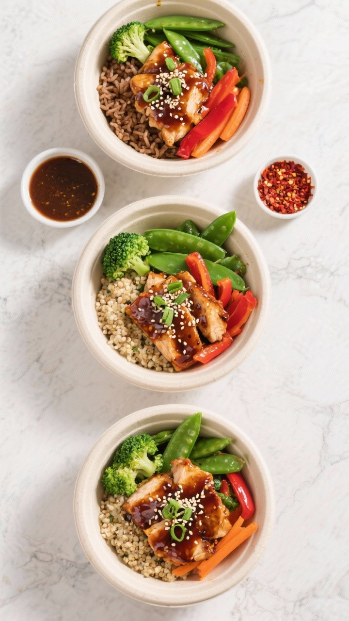 Tasty top view: Overhead shot of a meal-prep lineup featuring three assembled teriyaki chicken and v