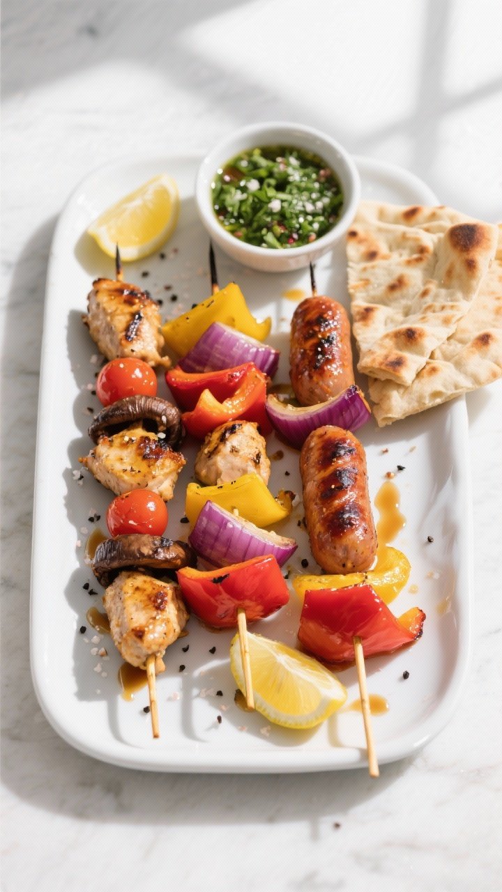 Tasty top view: Overhead shot of a platter of finished Grilled Chicken Sausage and Veggie Kabobs arr