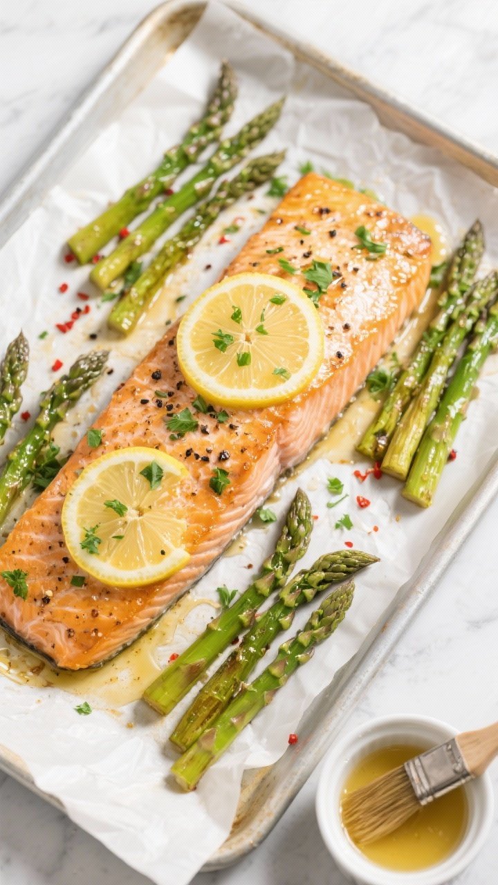 Tasty top view: Overhead shot of a whole skin-on salmon fillet on a parchment-lined sheet pan surrou