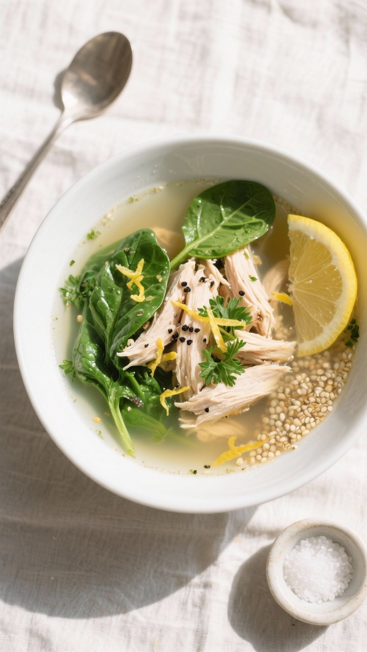 Tasty top view: Overhead shot of a wide bowl of Healthy Detox Chicken Soup, showing juicy shreds of 