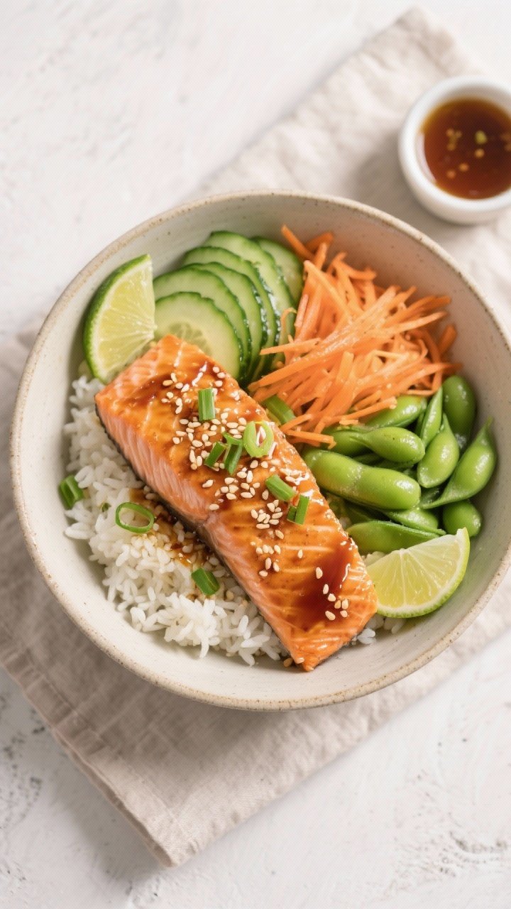 Tasty top view: Overhead shot of assembled Garlic Ginger Salmon Bowl — fluffy jasmine rice base so