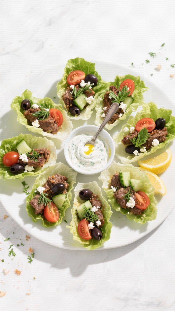 Tasty top view: Overhead shot of assembled Greek Beef Lettuce Wraps arranged in a loose circle on a 