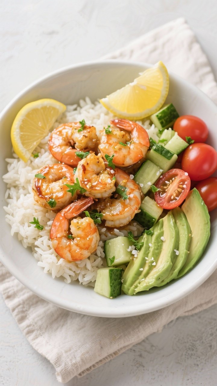 Tasty top view: Overhead shot of assembled Lemon Garlic Butter Shrimp Bowl — fluffy jasmine rice b
