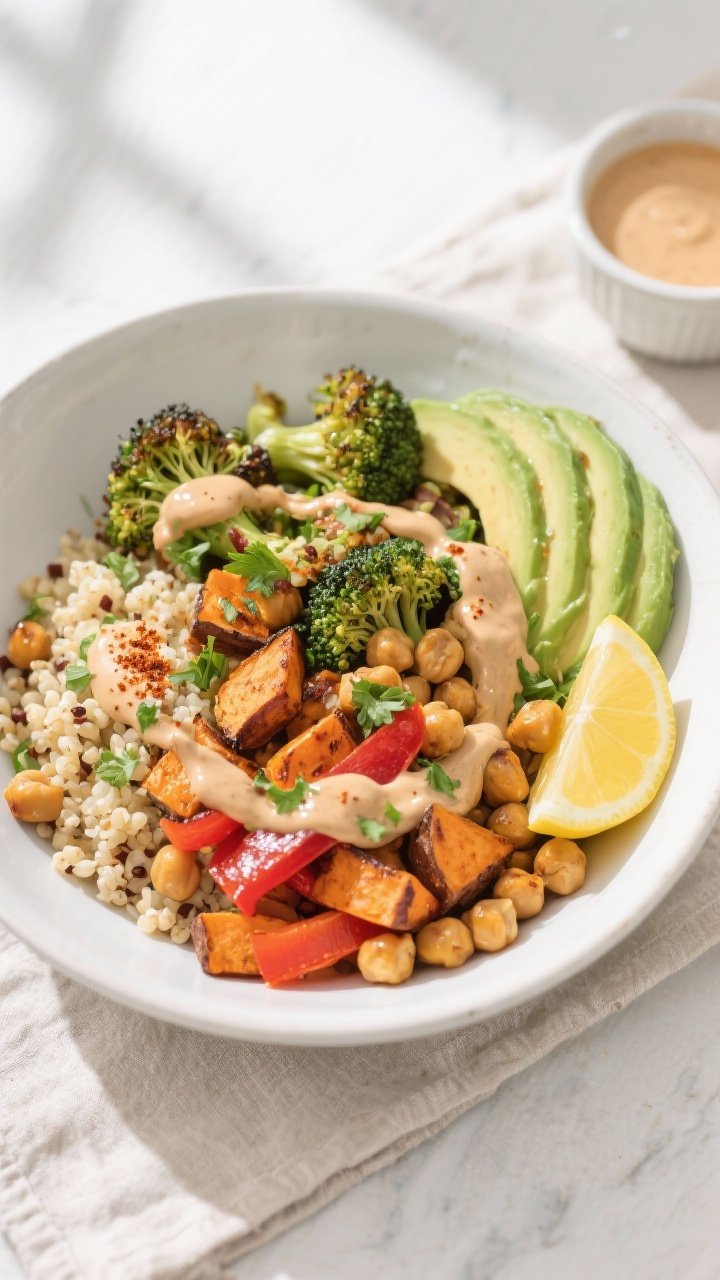 Tasty top view: Overhead shot of assembled Roasted Veggie and Chickpea Bowls—fluffy quinoa base to