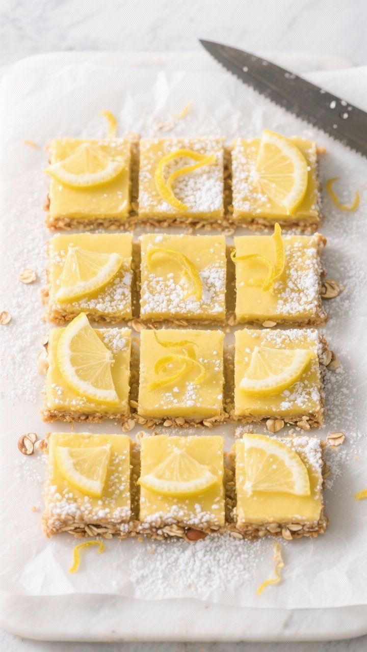 Tasty top view: Overhead shot of chilled Healthy Lemon Bar Squares cut into 12 neat pieces, lightly