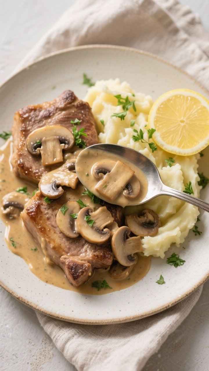 Tasty top view: Overhead shot of creamy mushroom pork chops served with buttery mashed potatoes. Two