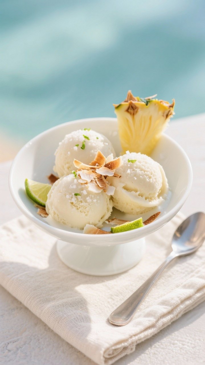 Tasty top view: Overhead shot of final-plated pineapple coconut sorbet—three rounded scoops nestle