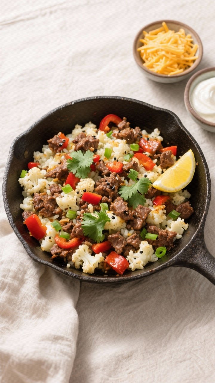 Tasty top view: Overhead shot of finished Keto Ground Beef Hash with Cauliflower, evenly distributed