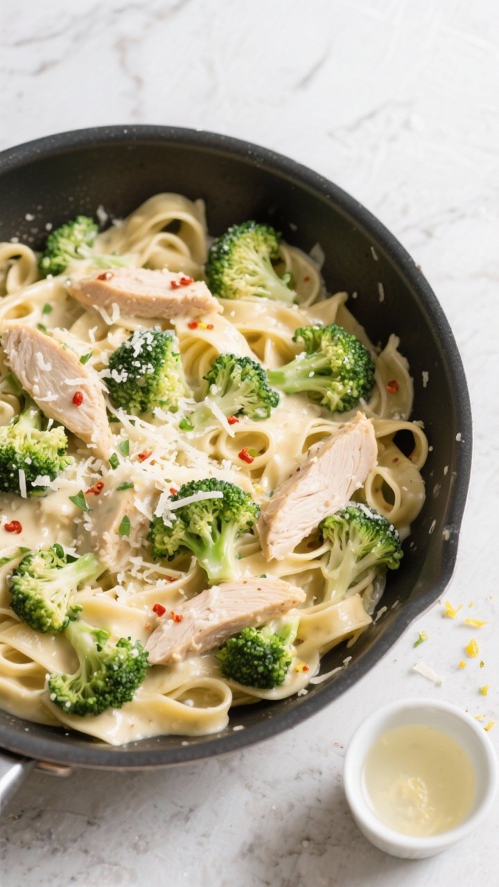 Tasty top view: Overhead shot of healthy chicken Alfredo with broccoli in a large sauté pan right a