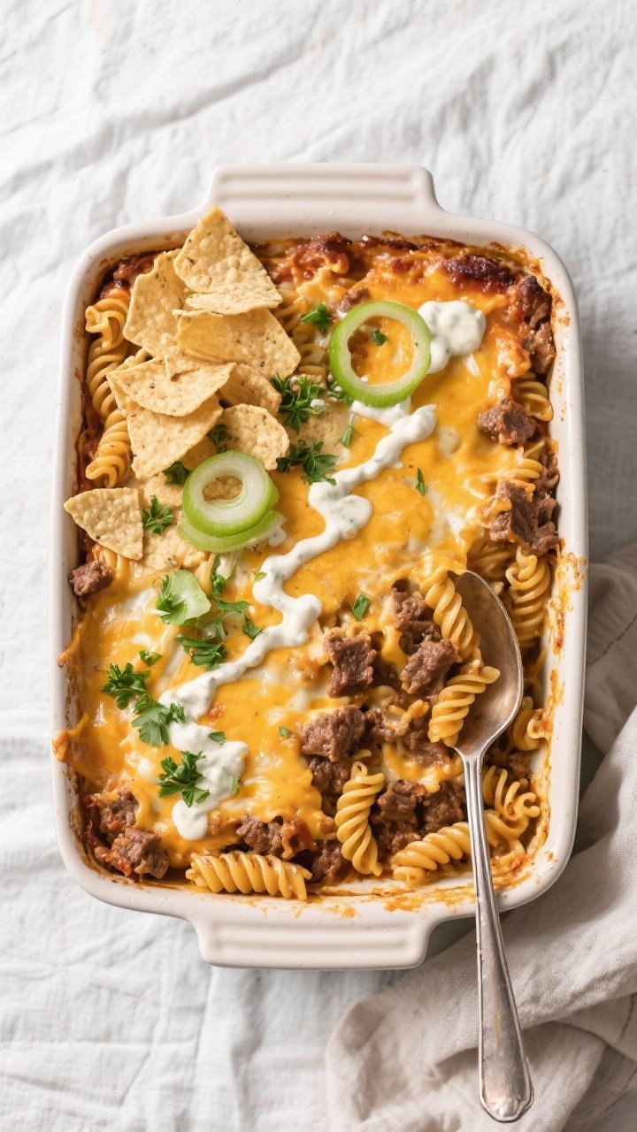 Tasty top view: Overhead shot of the assembled casserole in a 9x13 baking dish, post-bake and rested